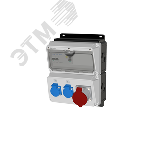 Комбинация розеток , Вход М32, клеммы, УЗО 4P/40A/30mA, 1xCEE32A5p, 2xSchuko16A, IP44.