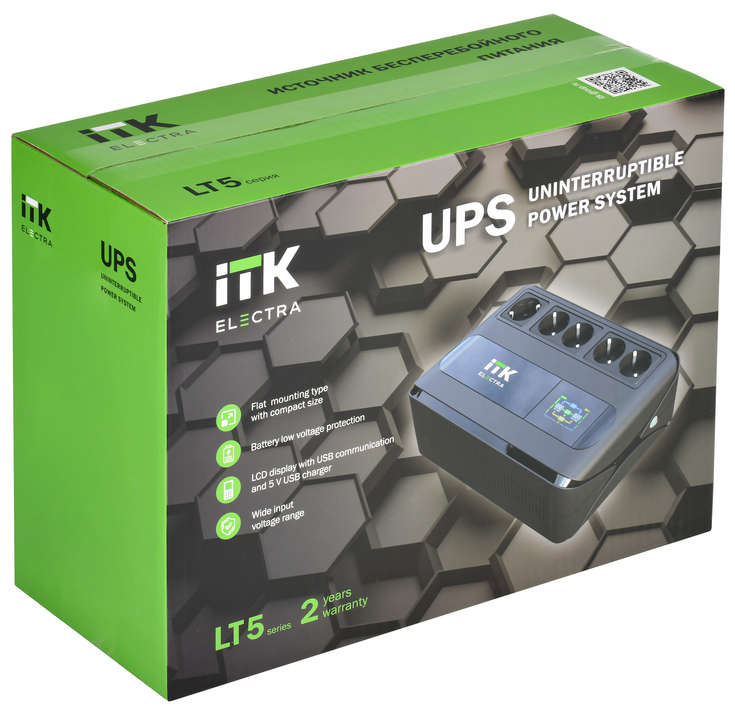 ITK ELECTRA LT5 ИБП однофазный линейно-интерактивный 800ВА/480Вт 5хSchuko LCD дисплей АКБ 1х9AH USB+USB Charge RJ45/11