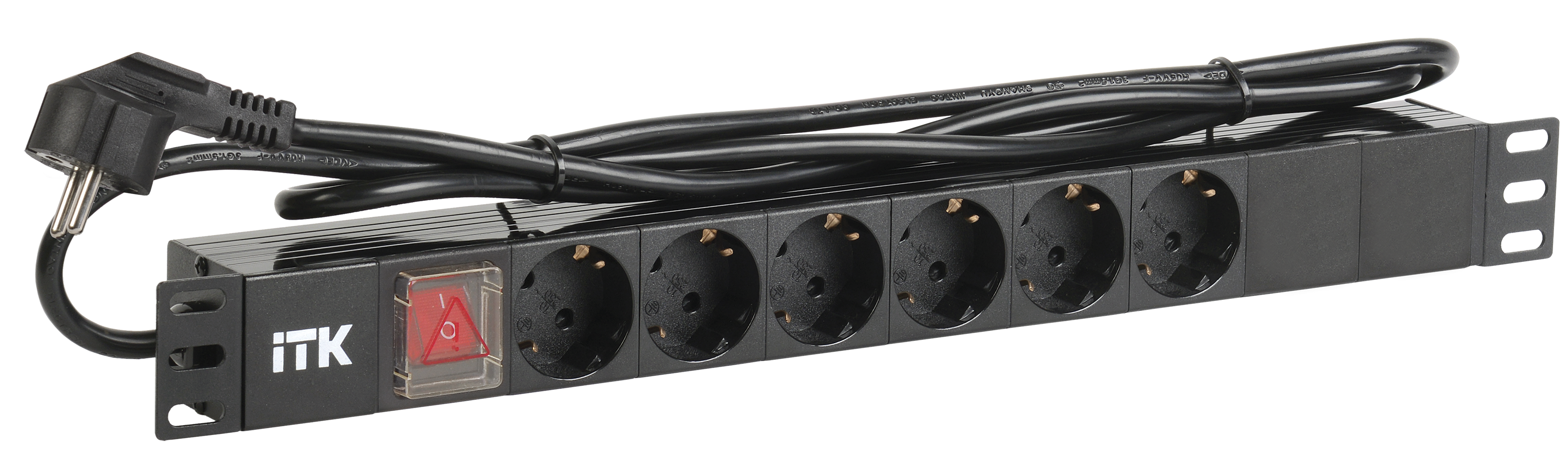 ITK PDU 6 розеток DIN49440 (нем. станд.) с LED выключателем, 1U, шнур 2м вилка DIN49441 (нем. станд.), профиль из ПВХ, черный