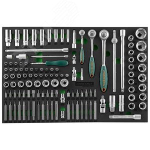 S04H45121SV Набор головок торцевых 1/4", 3/8", 1/2"DR с аксессуарами и вставками-битами в EVA ложементе 560x400 мм, 121 предмет