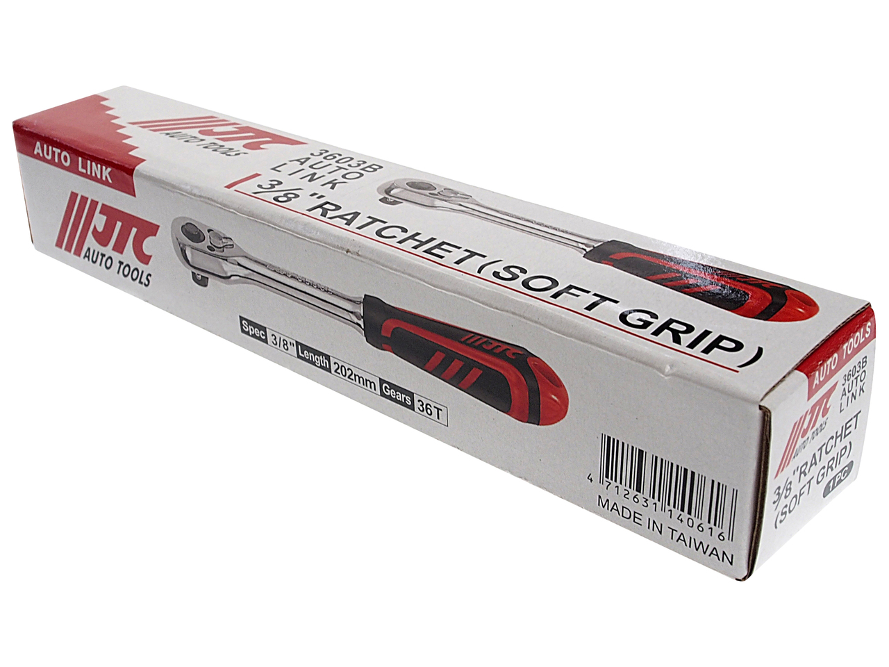 Ключ трещотка 3/8" 36 зубьев 202мм резиновая рукоятка JTC