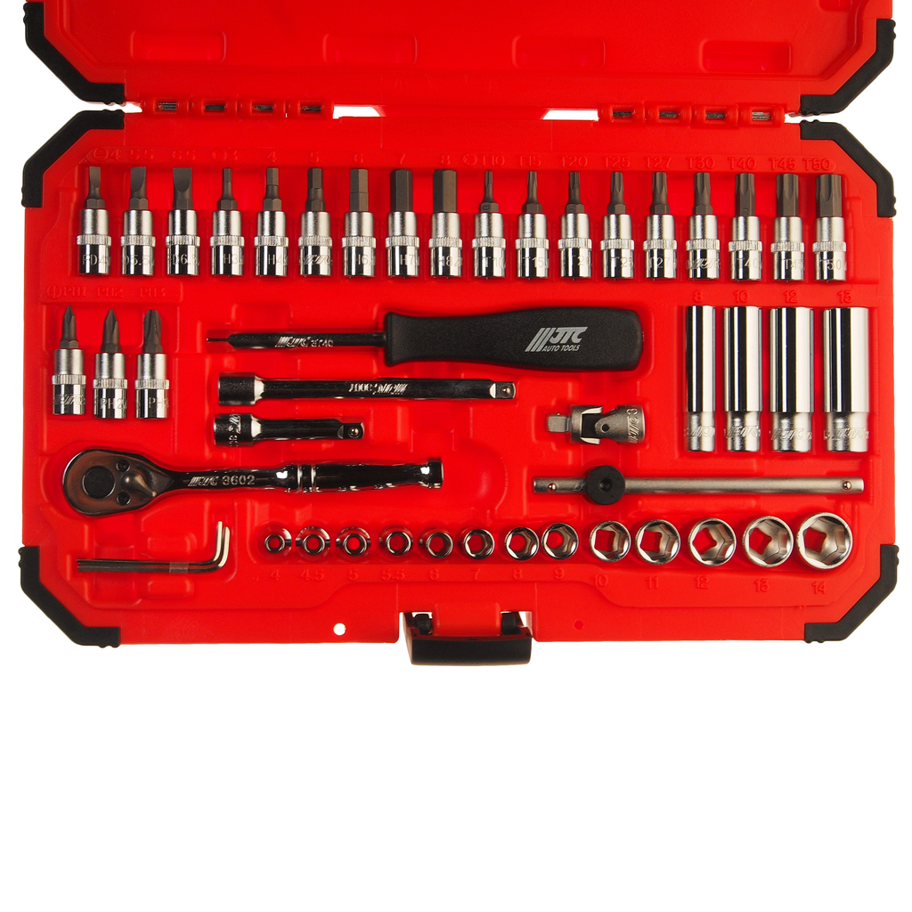 Набор головок торцевых и насадок 1/4" 6-ти гранных 4-14мм,Т10-Т50 47 предметов в кейсе JTC