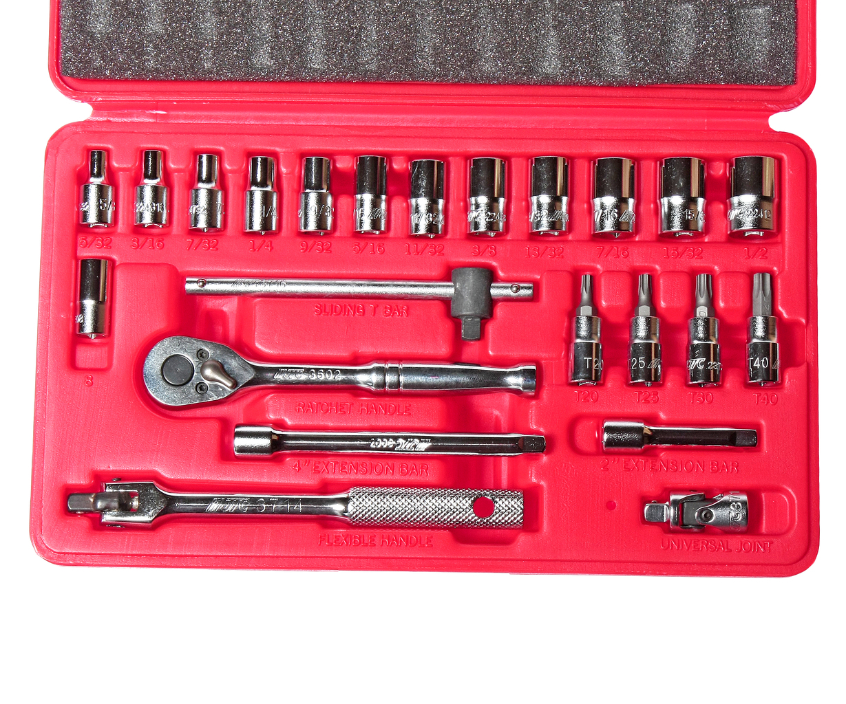 Набор головок торцевых и насадок 1/4" 6-ти гранных 5/32"-1/2",Т20-Т40 23 предмета в кейсе JTC