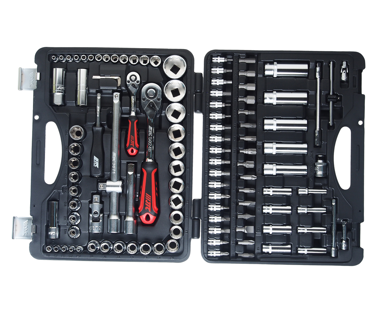 Набор головок торцевых,бит и бит-головок 1/4",1/2" 12-гранных 110 предметов в кейсе JTC