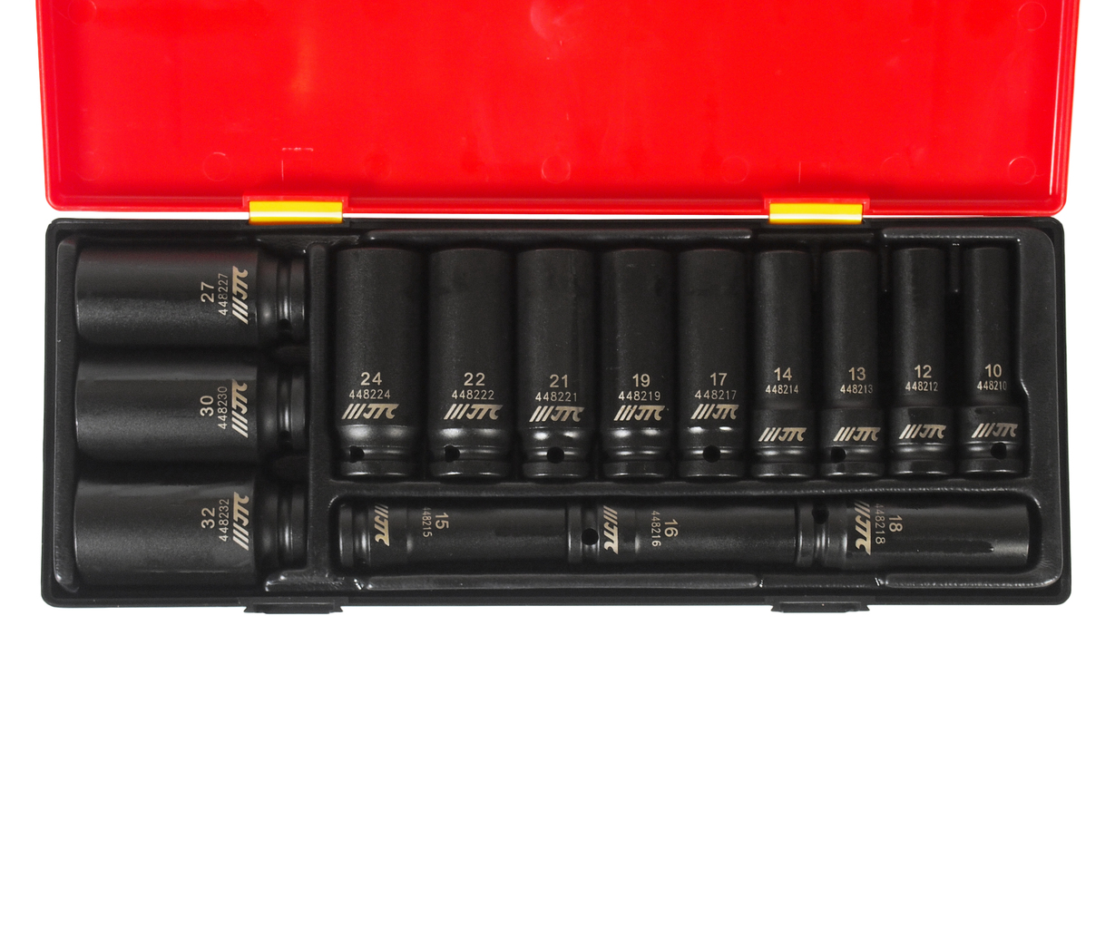 Набор головок торцевых 1/2" 6-ти гранных 10-32мм ударных глубоких 15 предметов в кейсе JTC