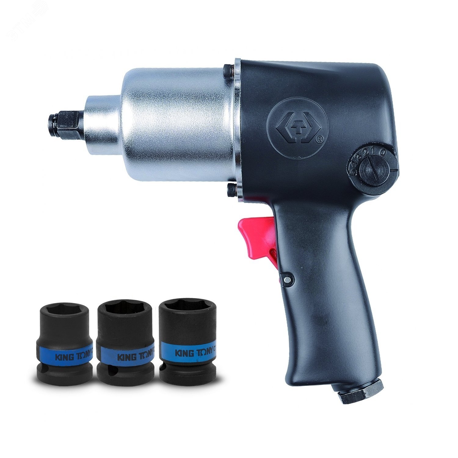 Гайковерт пневматический ударный 1/2", 678 Hм, в комплекте 3 торцевые головки KING TONY P33421-040B