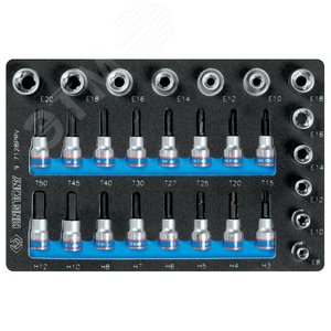 Набор торцевых насадок и головок 1/2", 3/8", Torx, Hex, Е6-Е20, ложемент, 28 предметов KING TONY 9-7128PRV