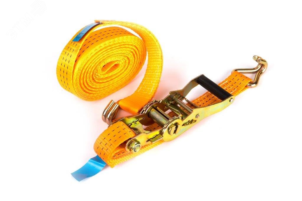 Ремень шириной 35мм, с храповиком и крюками, состоящий из 2-х частей, длиной 5,5м и 0,5м для закрепления груза при перемещении до 3т методом в обхват 