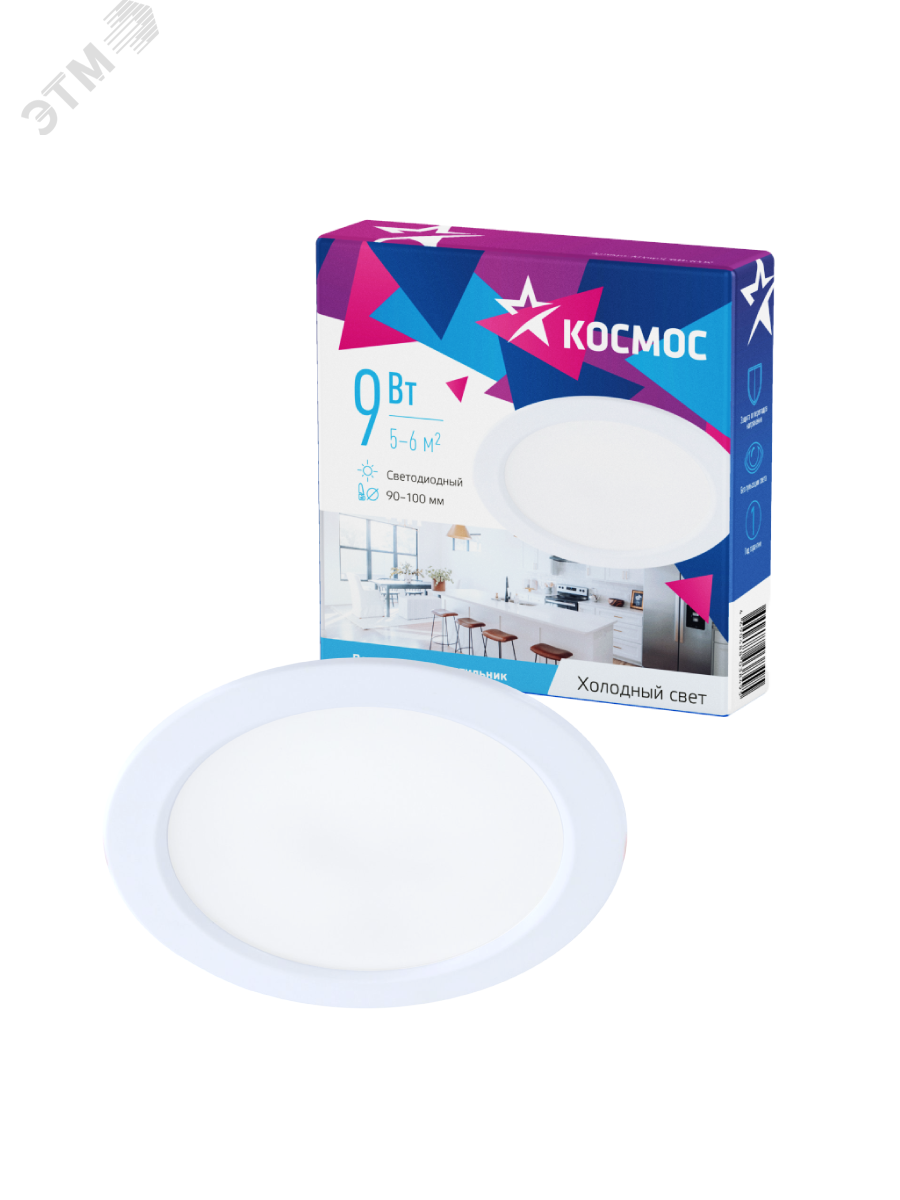 Светильник светодиодный ДВО-9 Вт 6400K 720 Лм белый КОСМОС