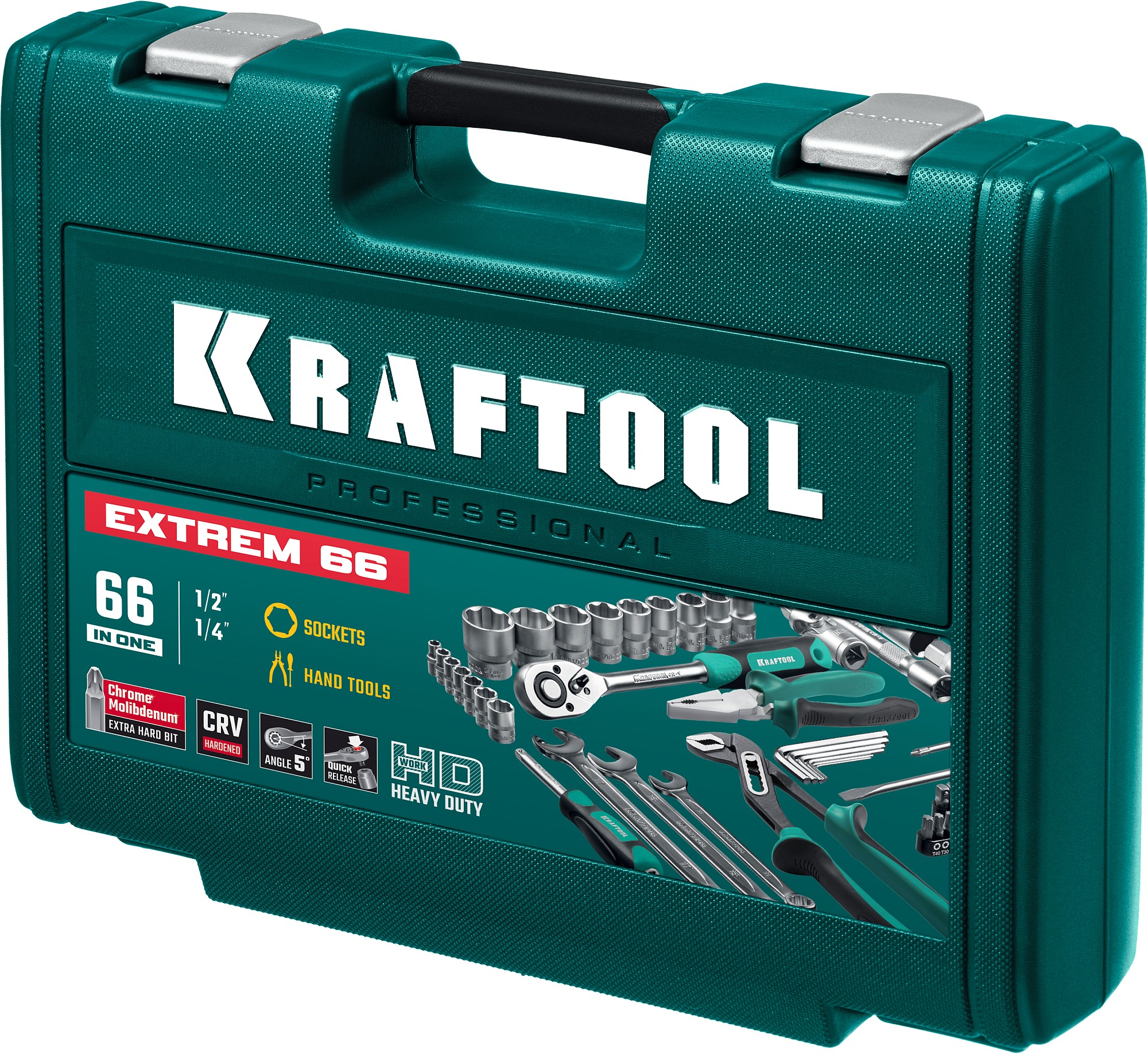 KRAFTOOL EXTREM-66, 66 предм., (1/2″+1/4″), универсальный набор инструмента (27976-H66)
