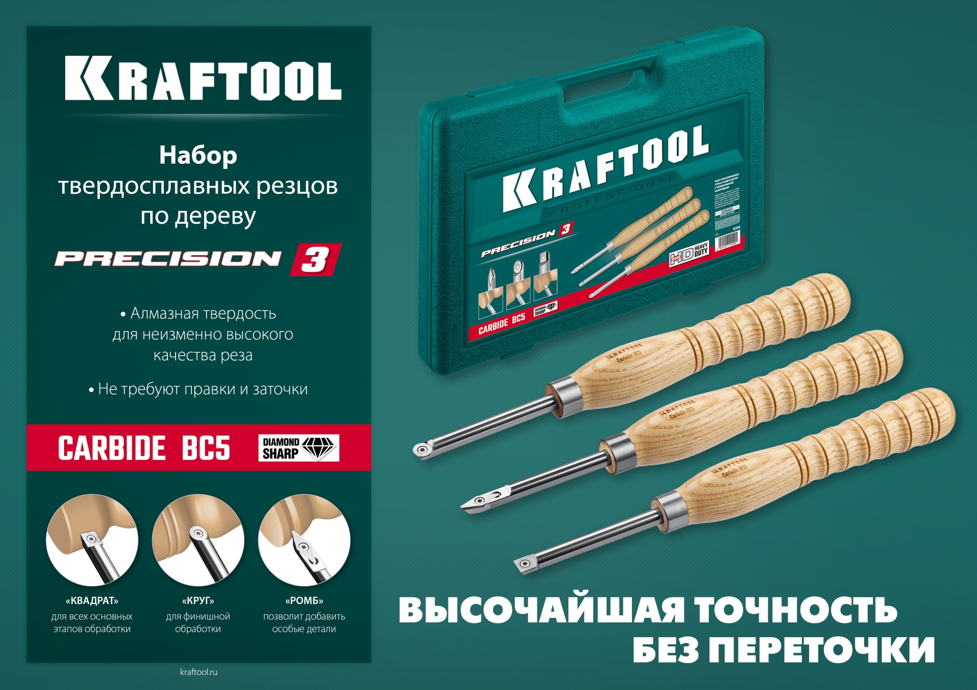 KRAFTOOL Precision-3, 3 предм., набор ручных резцов по дереву (18369)