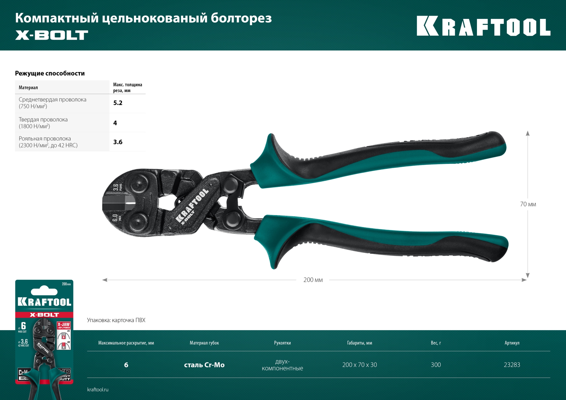 KRAFTOOL X-BOLT, 200 мм, компактный цельнокованый болторез (23283)