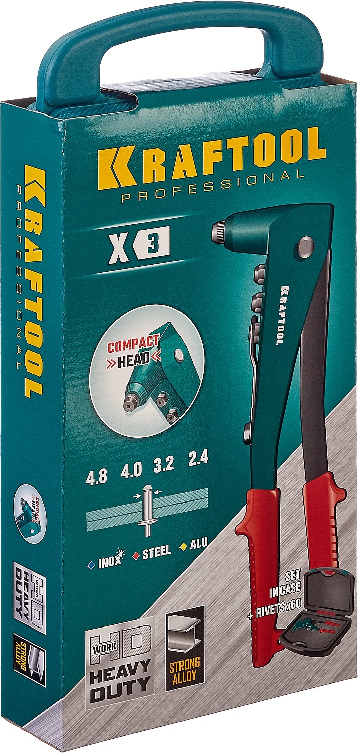 KRAFTOOL X-3, 2.4 - 4.8 мм, литой заклепочник в кейсе (31170-H6)