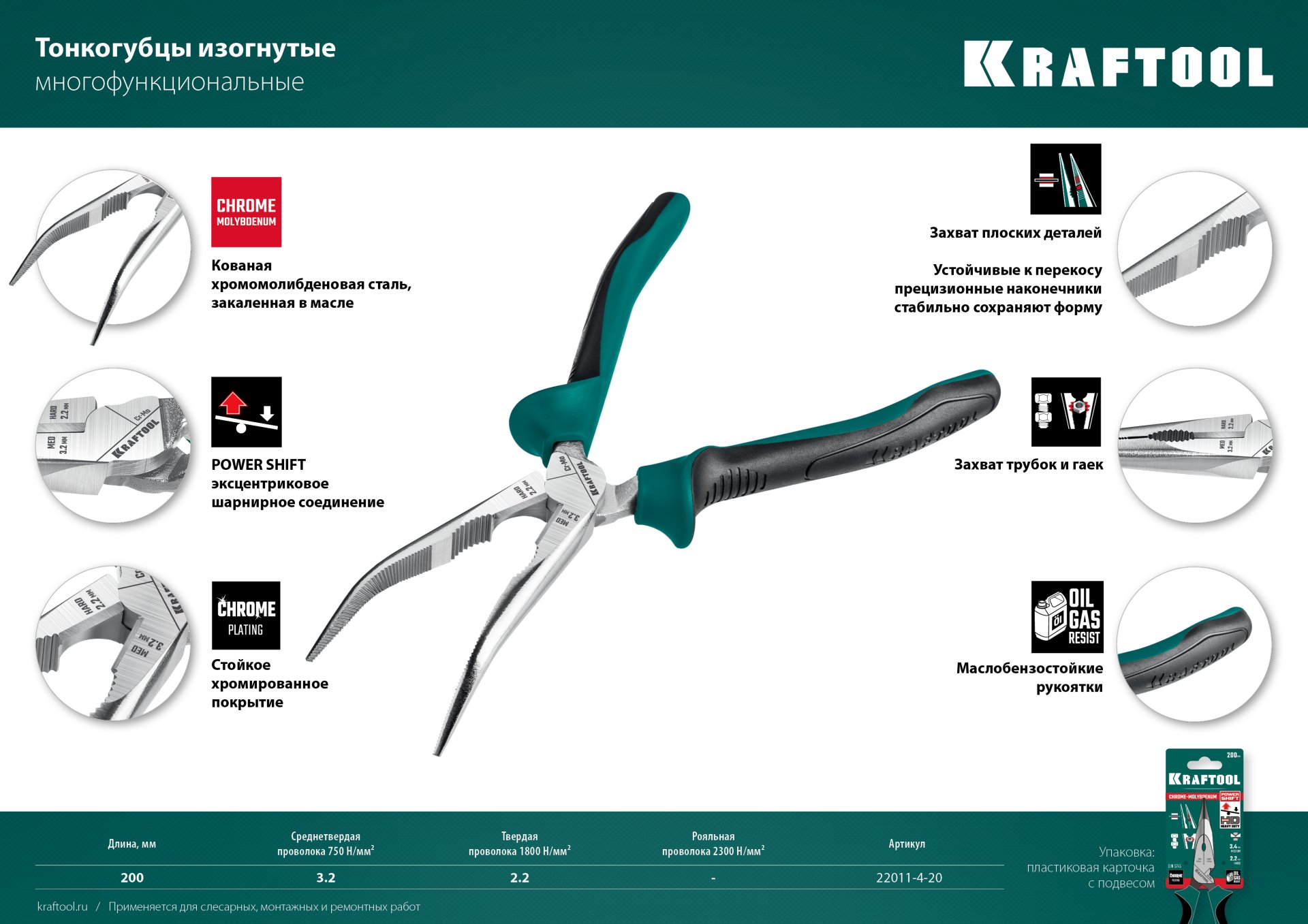 KRAFTOOL 200 мм, изогнутые тонкогубцы (22011-4-20)