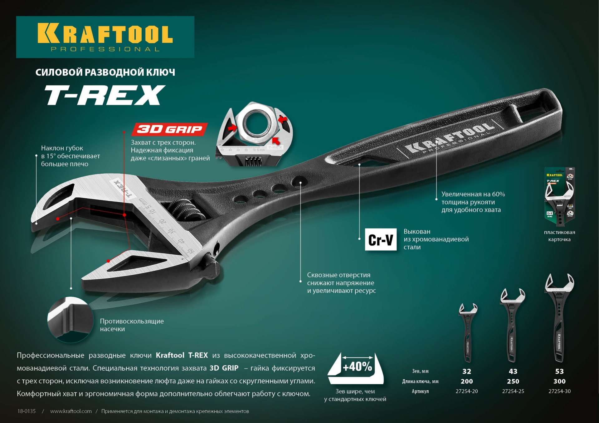 KRAFTOOL T-REX, 200/32 мм, силовой разводной ключ (27254-20)