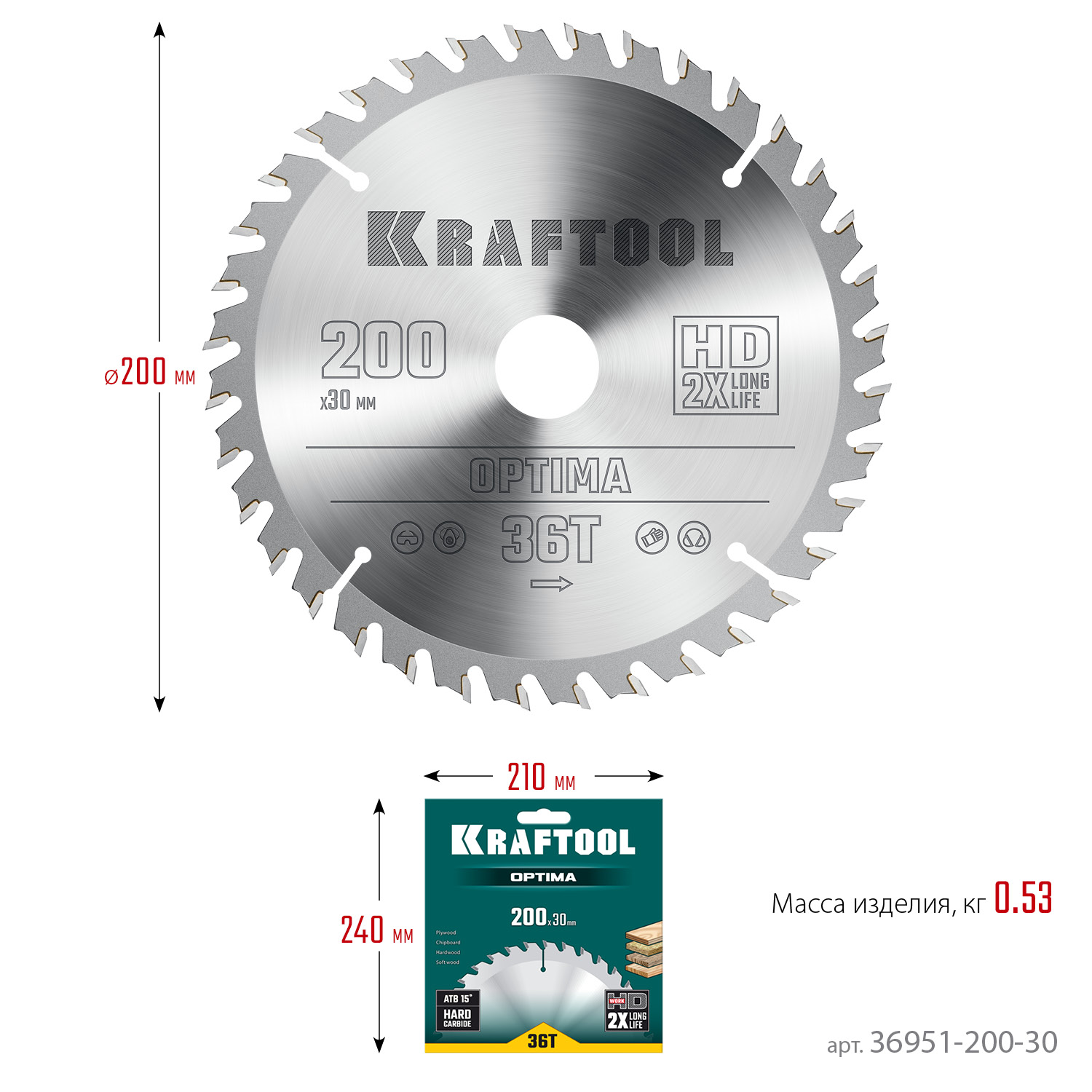 KRAFTOOL Optima, 200 х 30 мм, 36Т, пильный диск по дереву (36951-200-30)