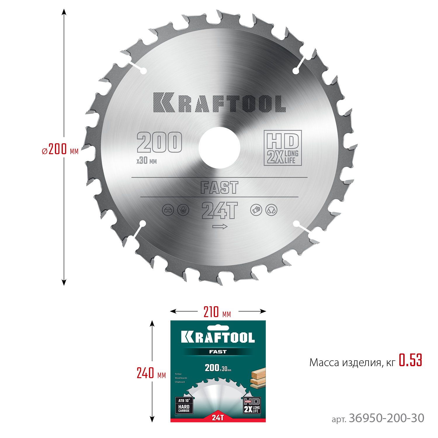 KRAFTOOL Fast, 200 х 30 мм, 24Т, пильный диск по дереву (36950-200-30)