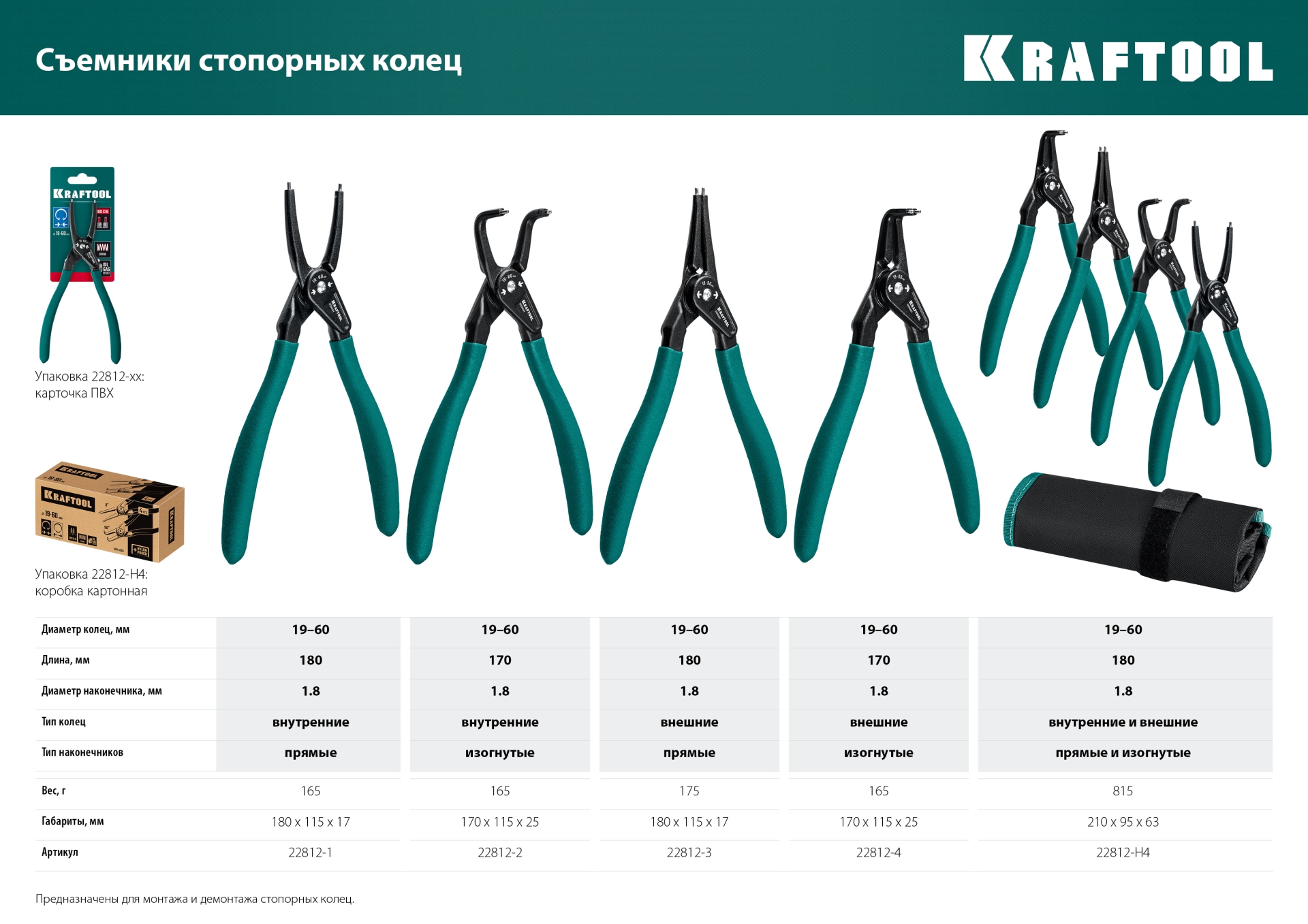 KRAFTOOL 180 мм, изогнутые губки, внешний, съемник стопорных колец (22812-4)
