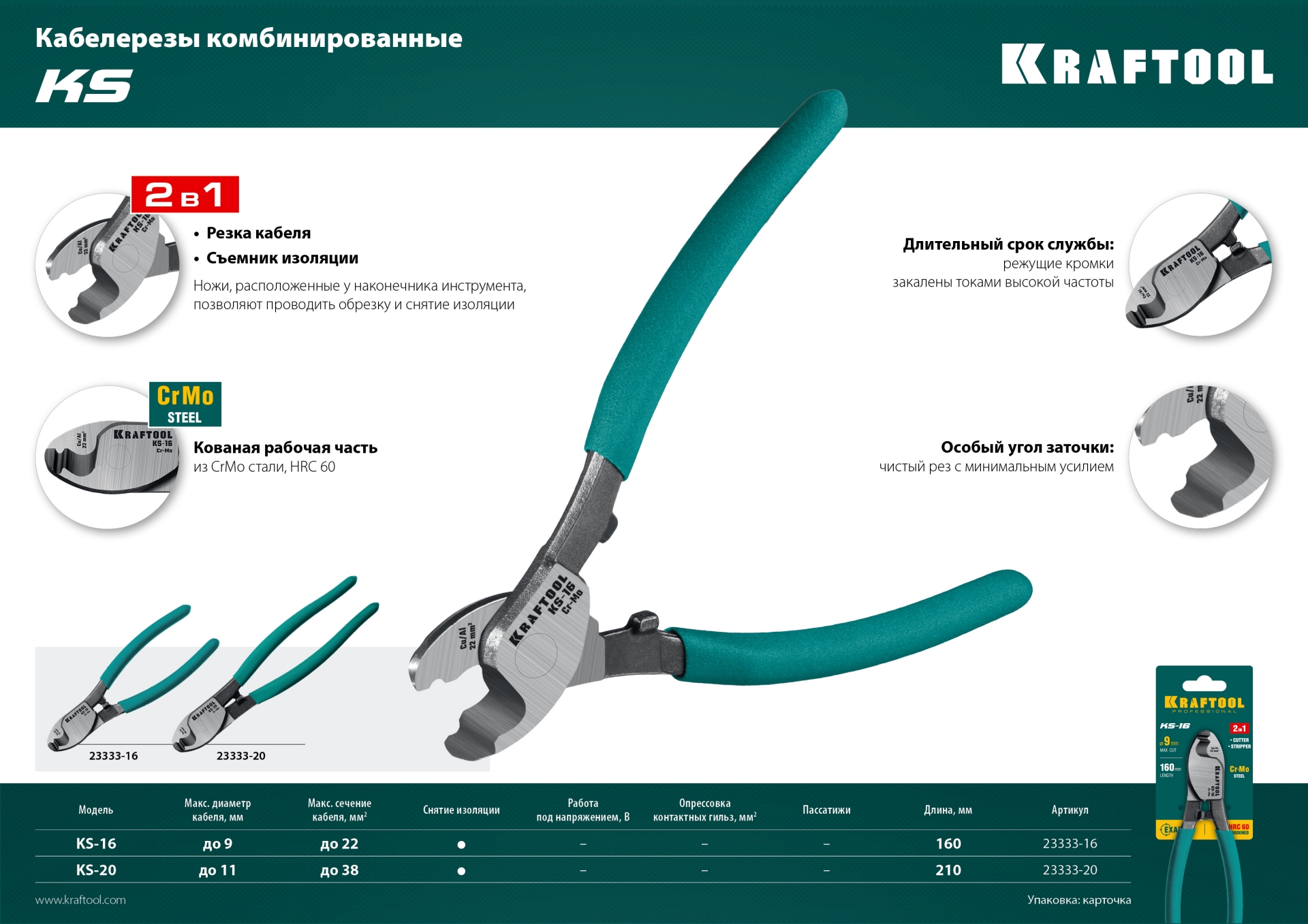 KRAFTOOL KS-16, d 9мм, 160мм, кабелерез (23333-16)
