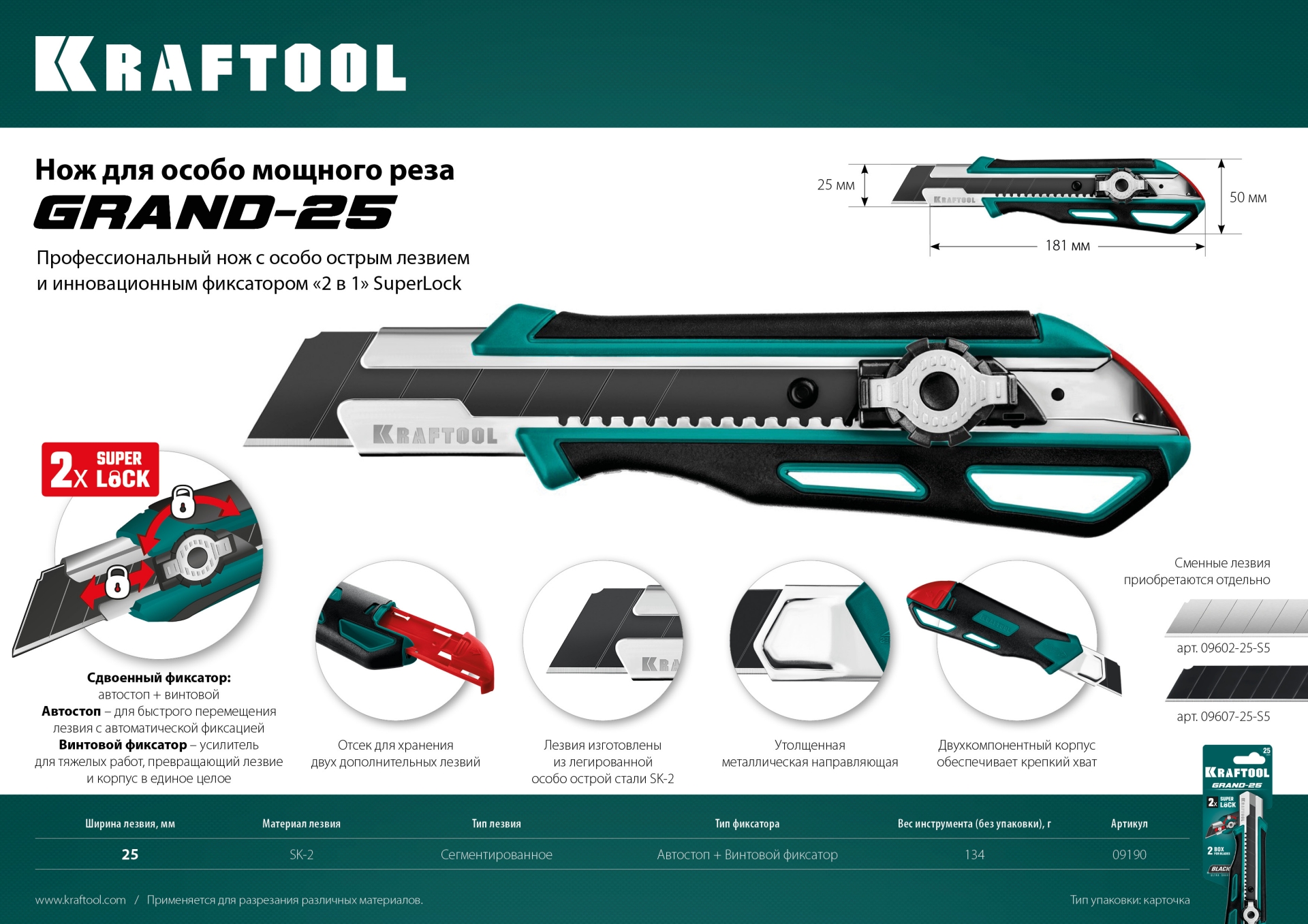 KRAFTOOL Grand-25, 25 мм, нож с сегментированным лезвием (09190)