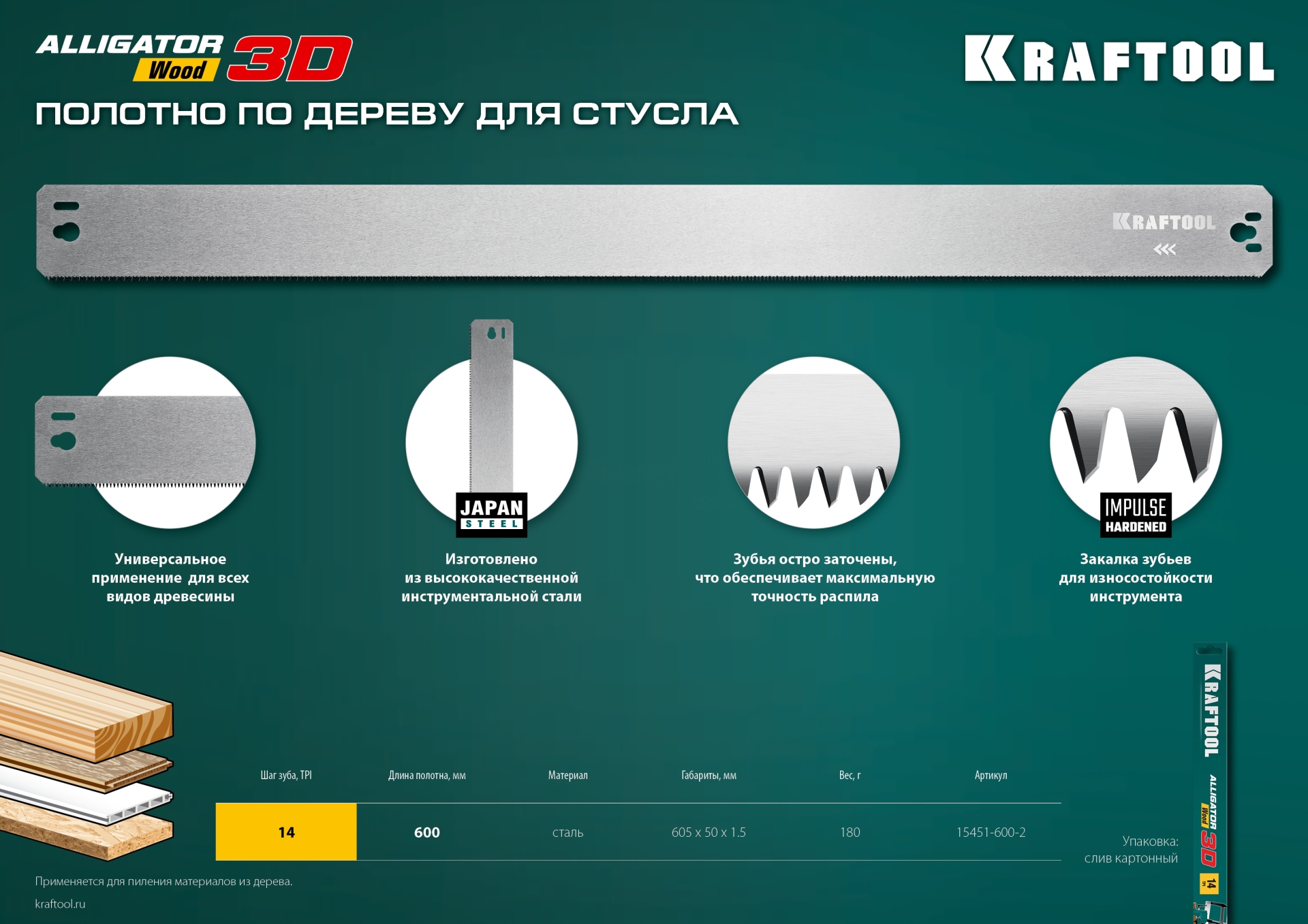 KRAFTOOL Alligator 3D, 600 мм, полотно по дереву для прецизионного стусла (15451-600-2)