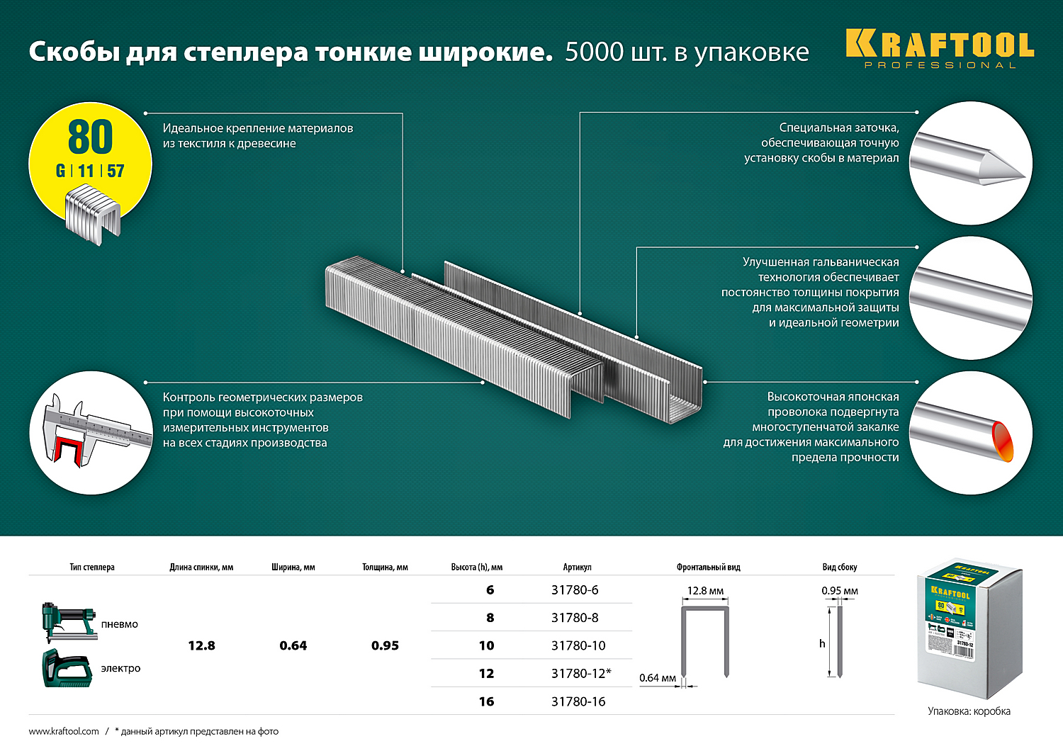 KRAFTOOL тип 21GA (80/Pr A/Senco AT) 8 мм, 5000 шт, скобы для степлера (31780-8)