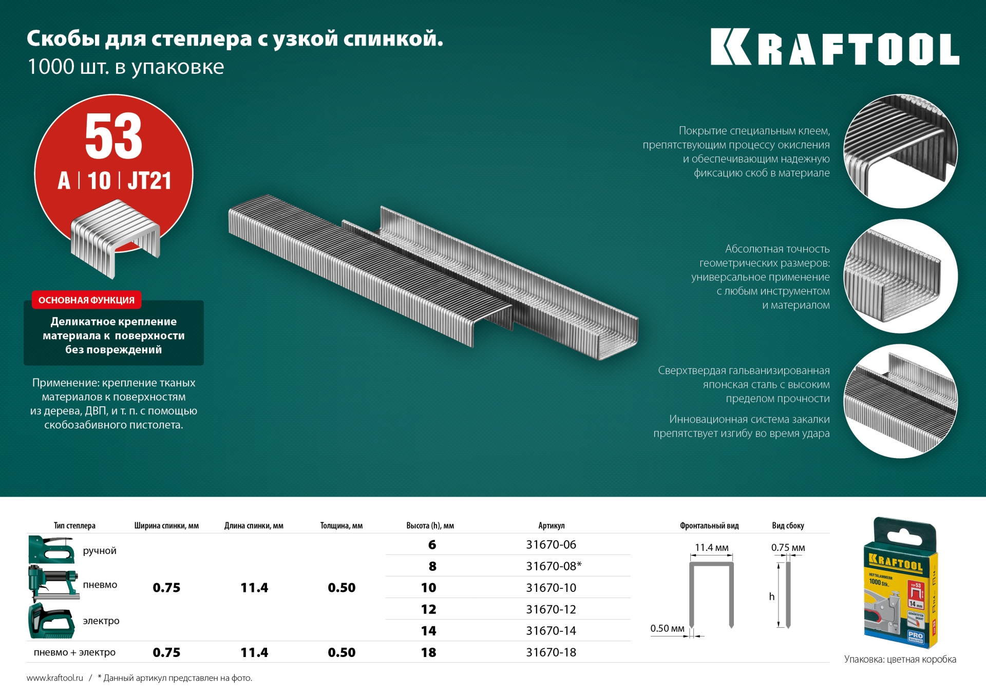 KRAFTOOL тип 53 (A/10/JT21) 14 мм, 1000 шт, калибр 23GA, скобы для степлера (31670-14)