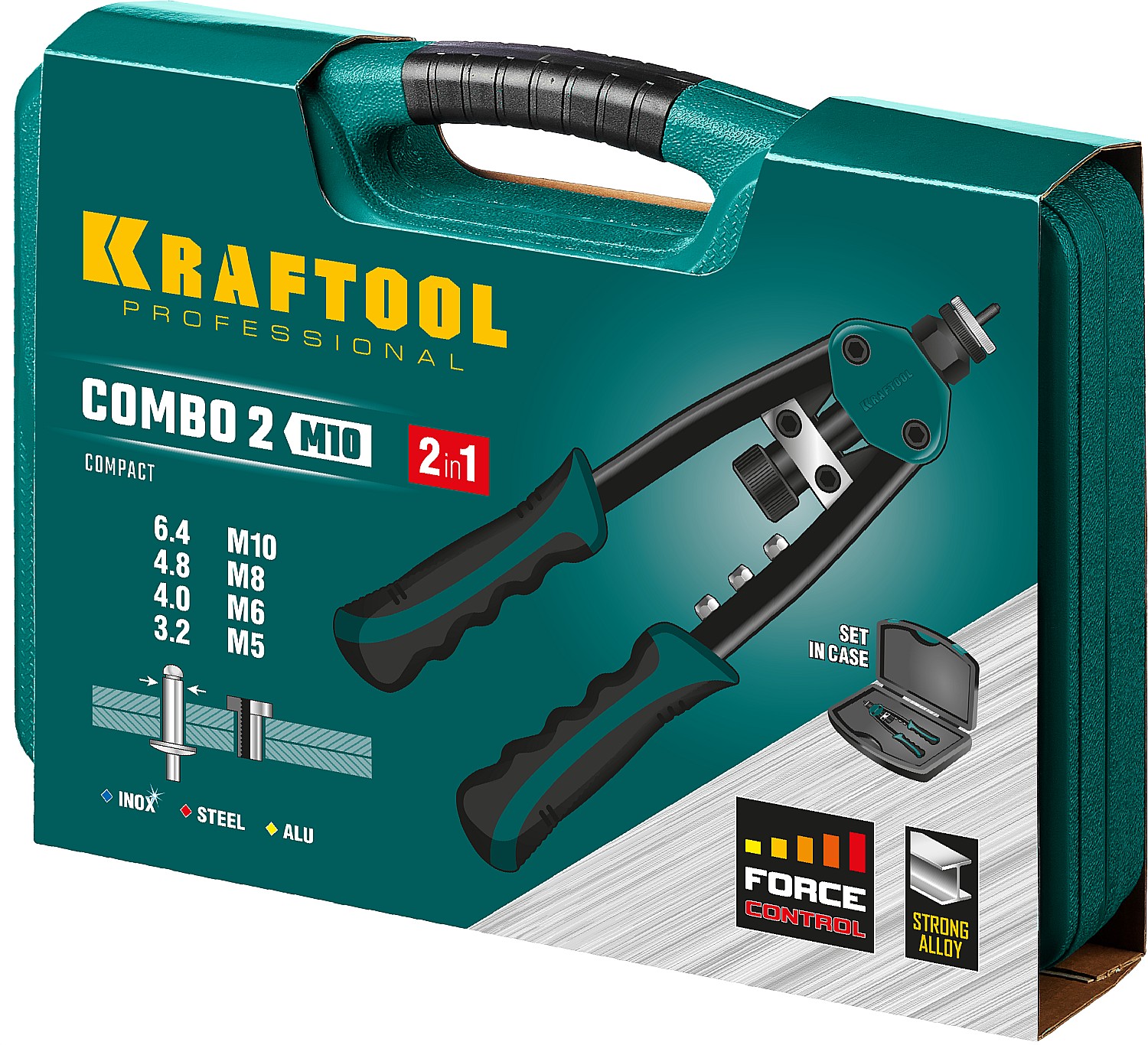 KRAFTOOL Combo2-M10, 2 вида заклёпок, комбинированный двуручный заклепочник в кейсе (31181)