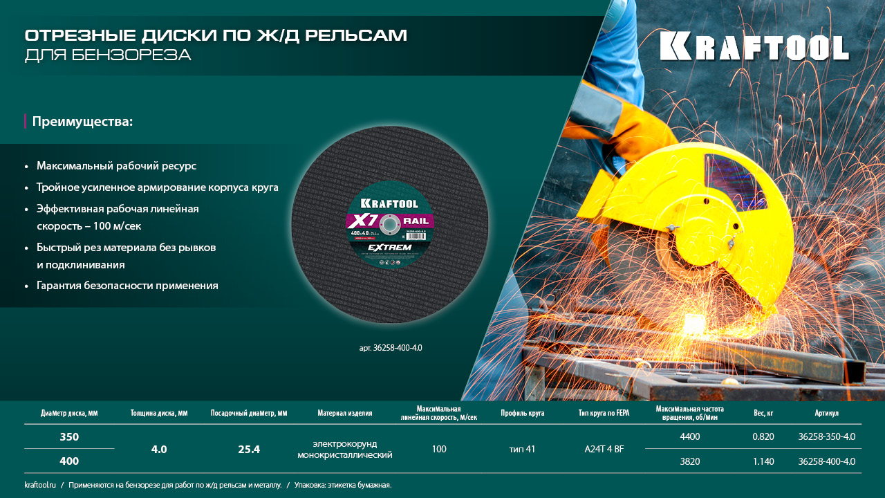 KRAFTOOL X7-EXTREM RAIL 400x4.0 / 25.4 мм по Ж/Д рельсам отрезной диск для бензореза (36258-400-4.0)
