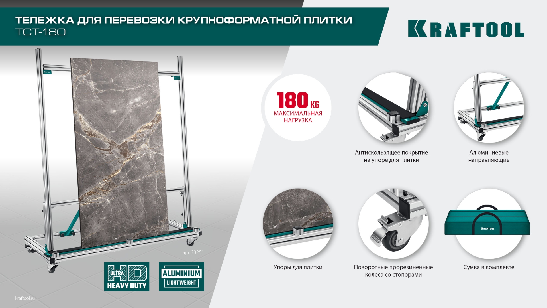 KRAFTOOL TCT-180 макс нагрузка 180 кг, Тележка для перевозки крупноформатной плитки (33251)