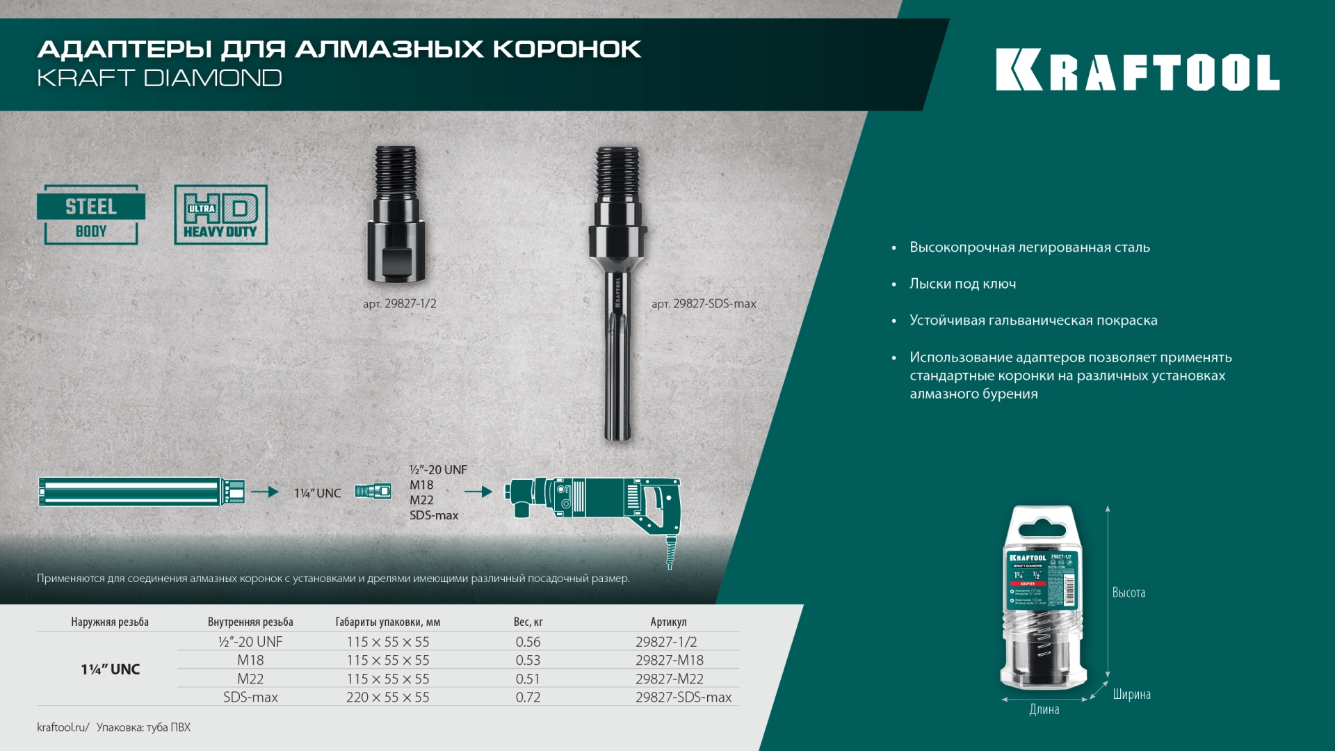 KRAFTOOL М18 - 1 1/4″, Адаптер для алмазных коронок (29827-М18)