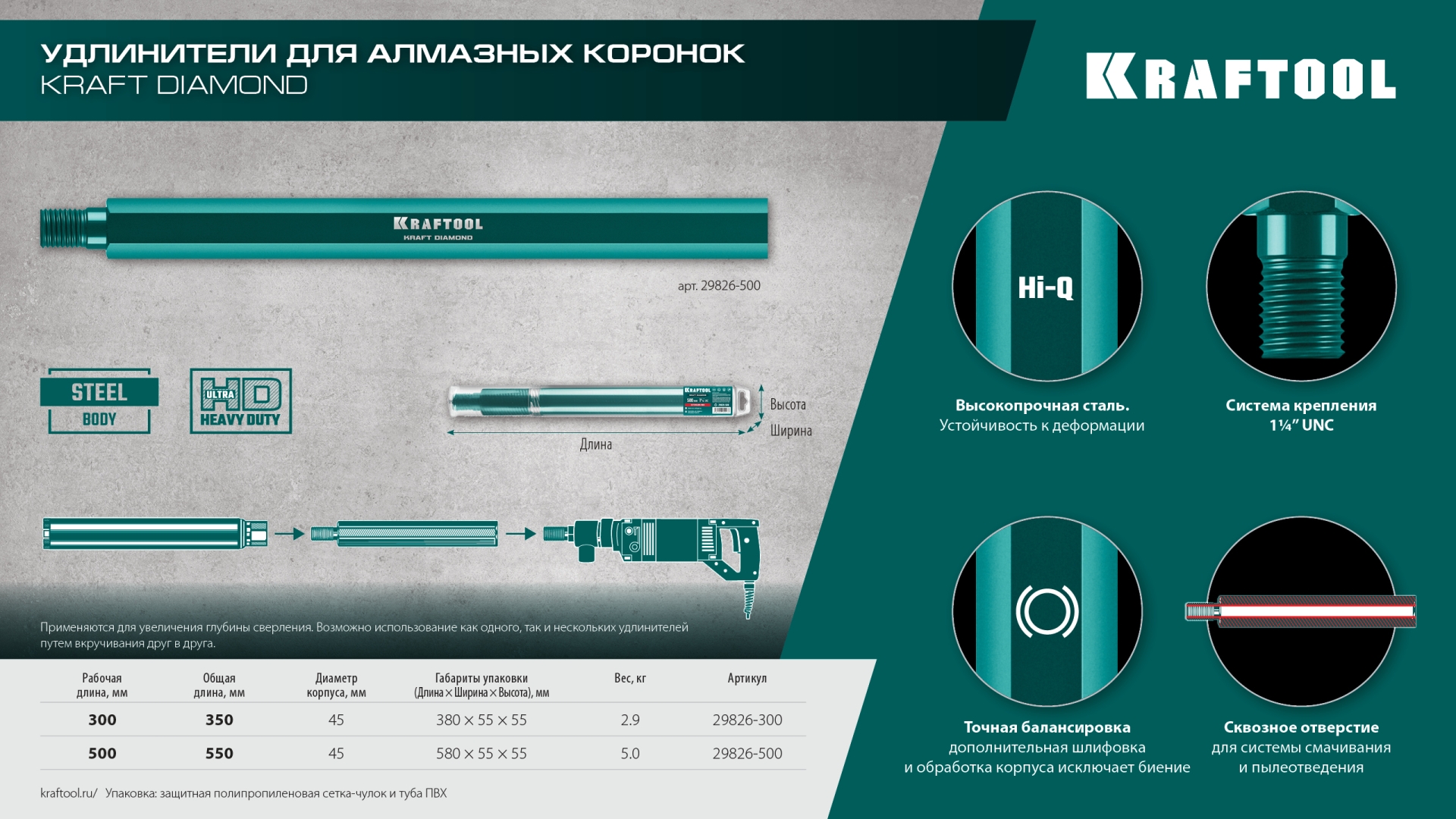 KRAFTOOL L300 мм, стальной, посадка 1 1/4″, Удлинитель для алмазных коронок (29826-300)