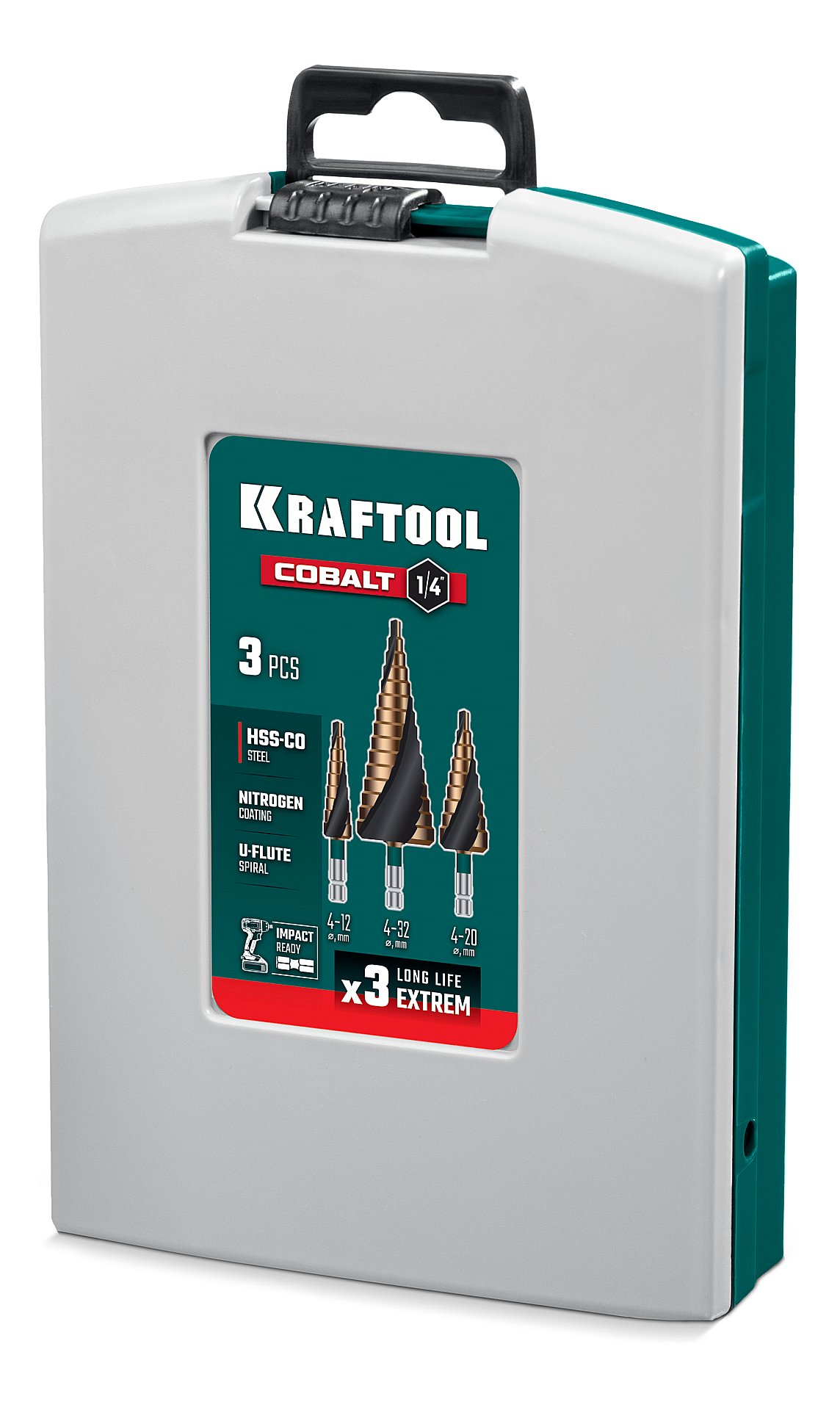 KRAFTOOL COBALT 3 шт., 4-32мм, азотирование, винтовая спираль, набор сверл ступенчатых(29691-4-32-H3)