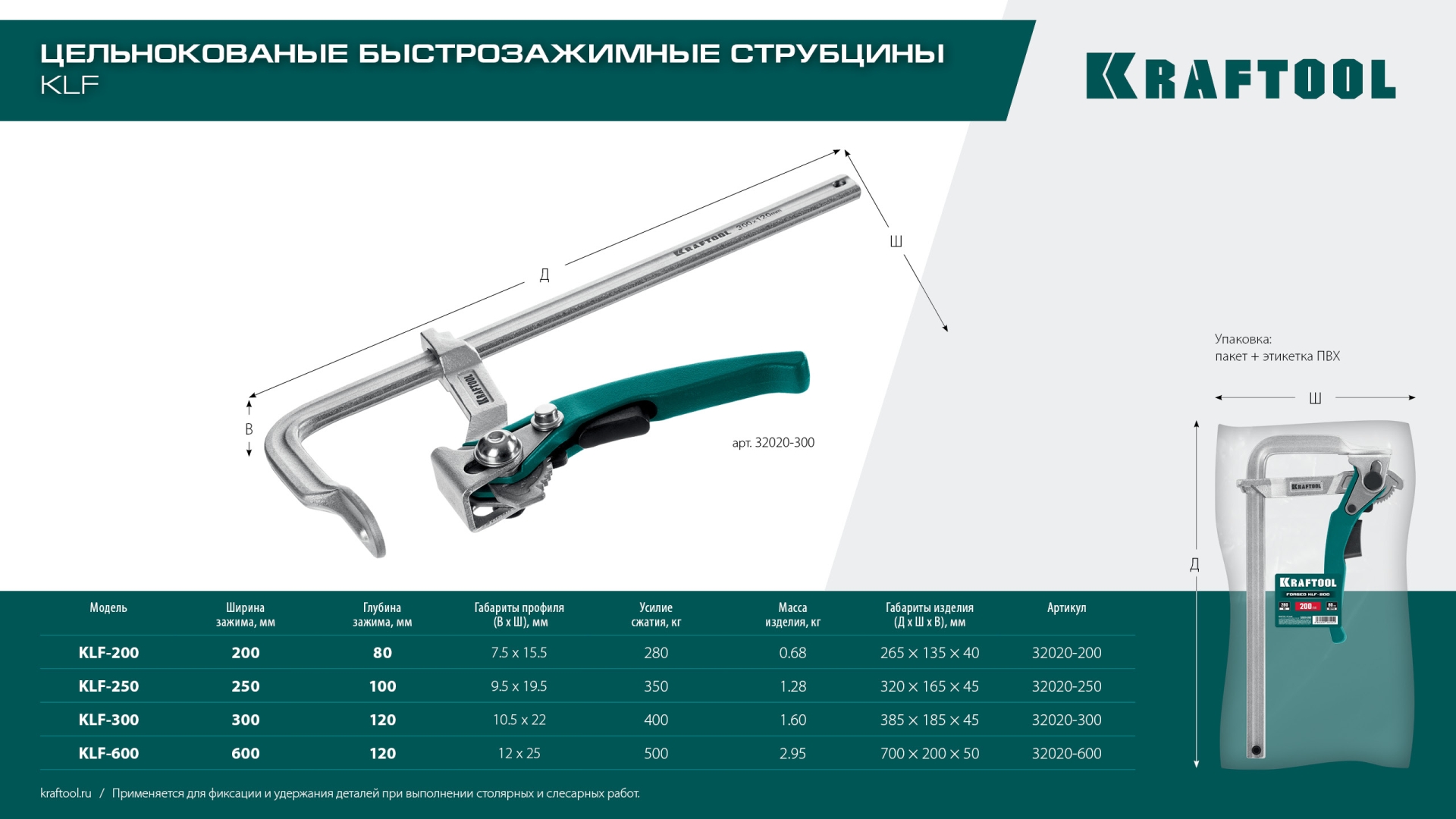 KRAFTOOL KLF-600, 600/120 мм, струбцина быстрозажимная (32020-600)