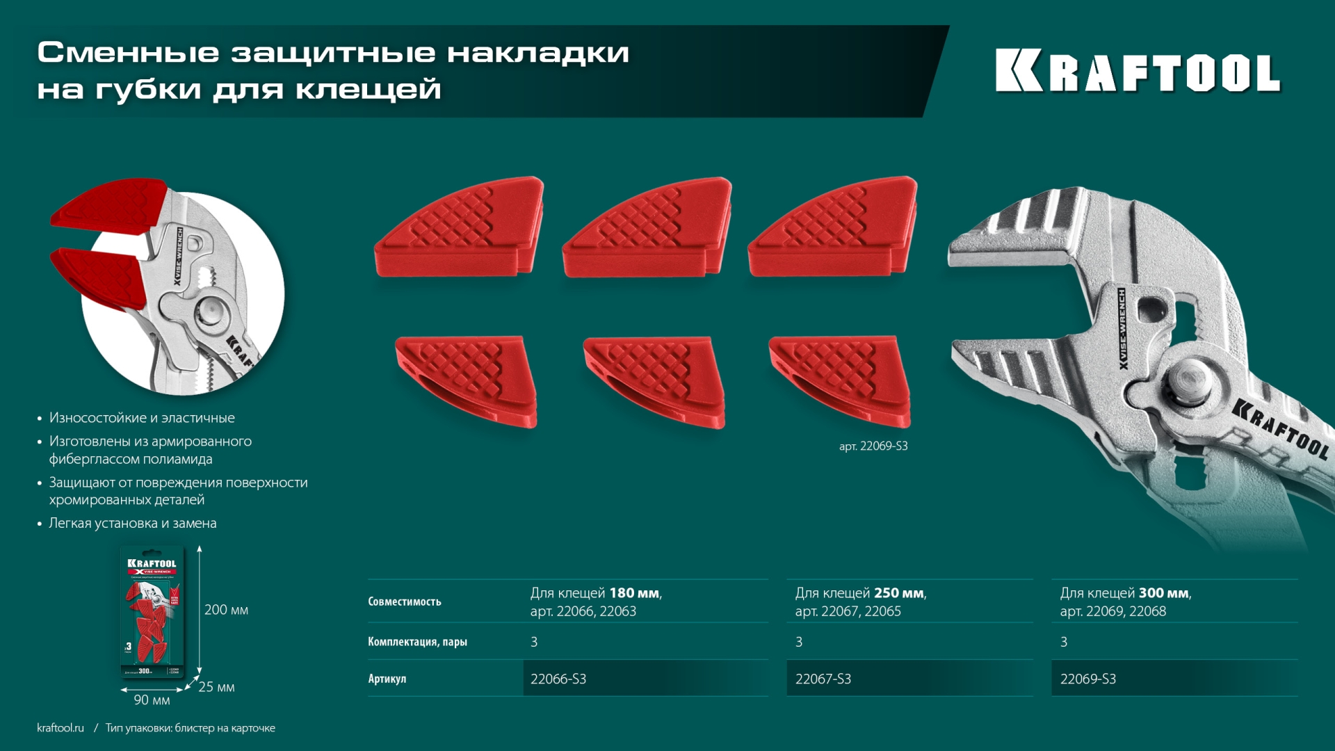 KRAFTOOL Vise-Wrench сменные защитные накладки на губки, для клещей 250 мм, набор из 3-х пар (22067-S3)