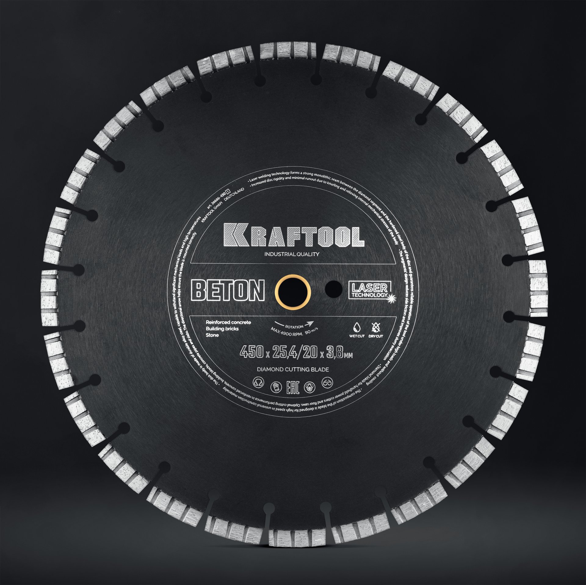 KRAFTOOL BETON 450 мм (25.4/20 мм, 12х3.8 мм), алмазный диск (36686-450)