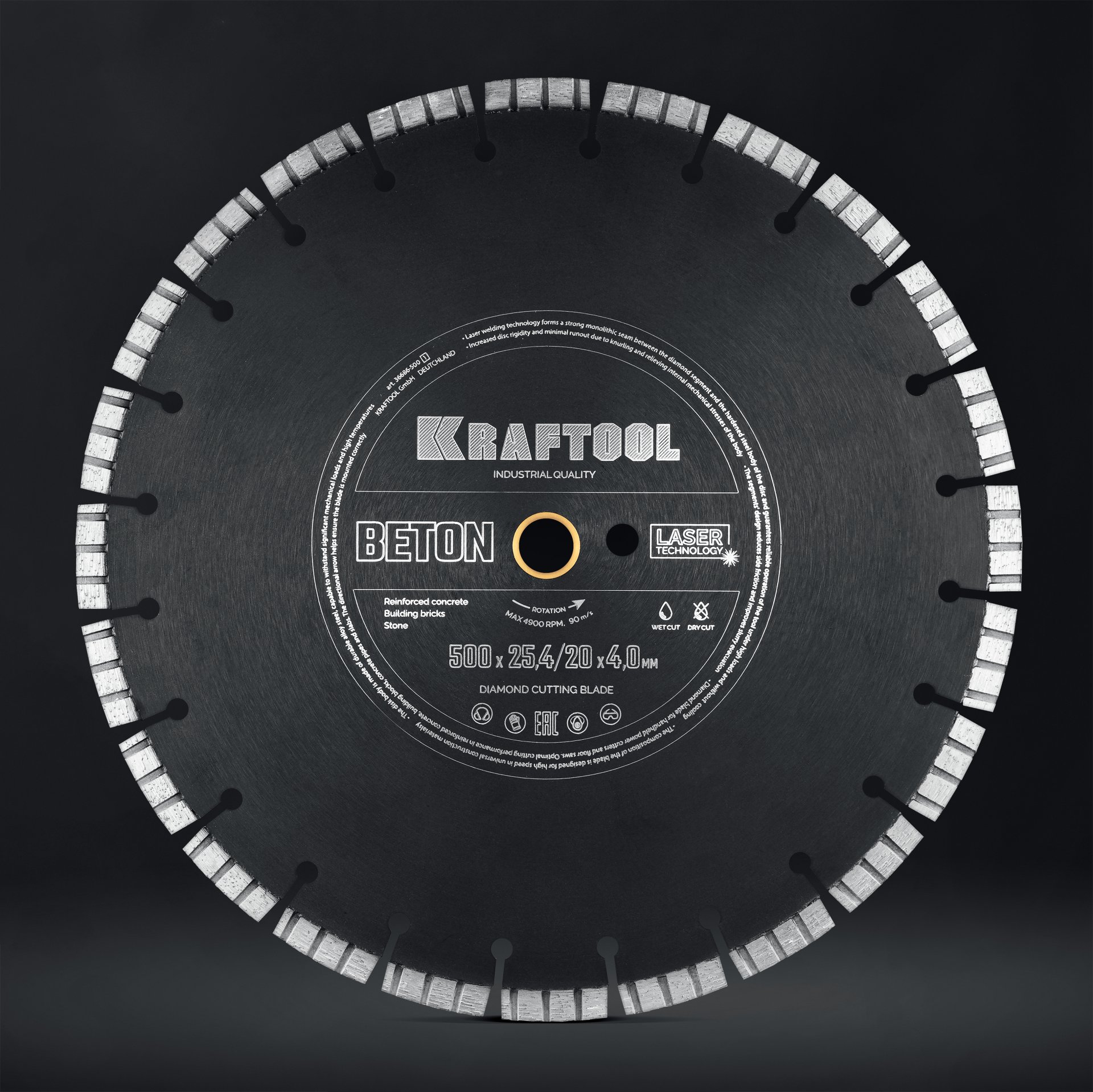 KRAFTOOL BETON 500 мм (25.4/20 мм, 12х4.0 мм), алмазный диск (36686-500)