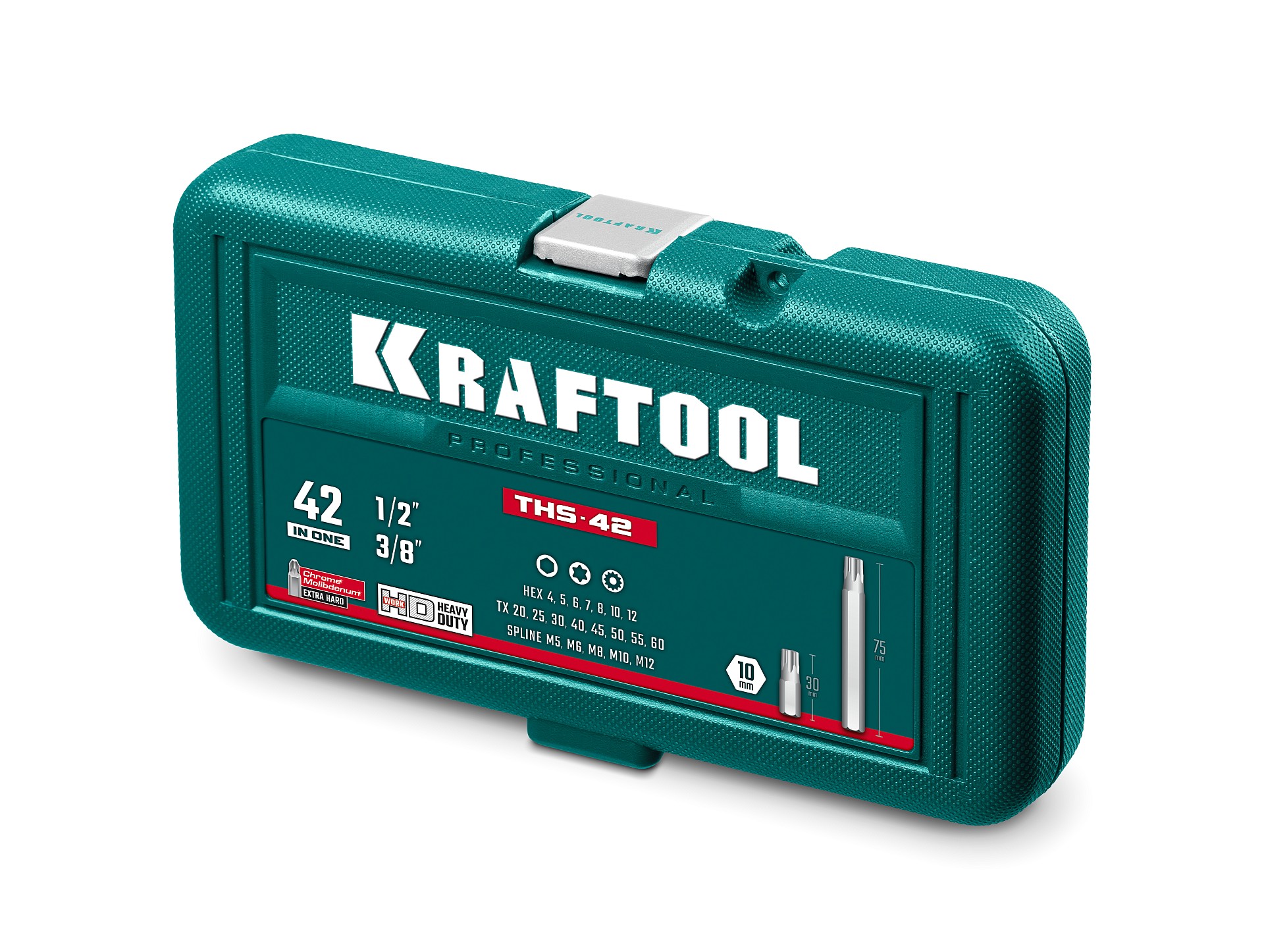 KRAFTOOL THS-42, 42 шт (HEX, TX, SPLINE) хвостовик 10 мм под квадрат 1/2″ набор специальных бит (26554)