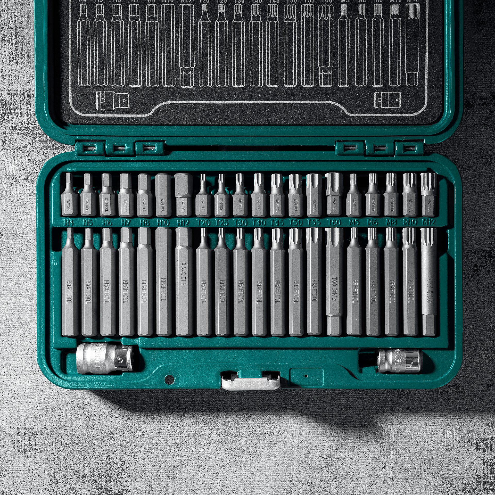 KRAFTOOL THS-42, 42 шт (HEX, TX, SPLINE) хвостовик 10 мм под квадрат 1/2″ набор специальных бит (26554)