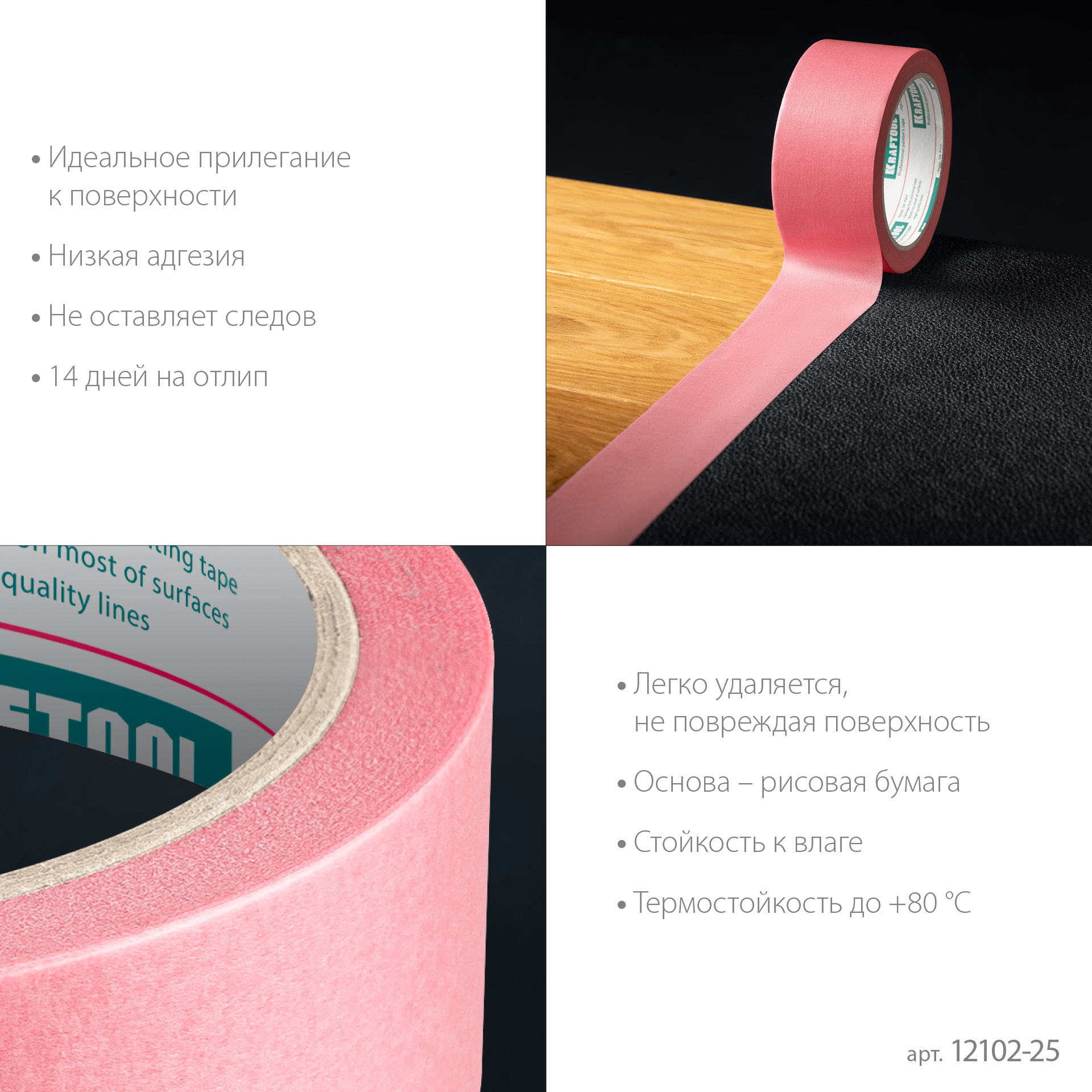 KRAFTOOL #200 Delicate 25 мм х 30 м, для деликатных и недавно окрашенных поверхностей, малярная лента (12102-25)