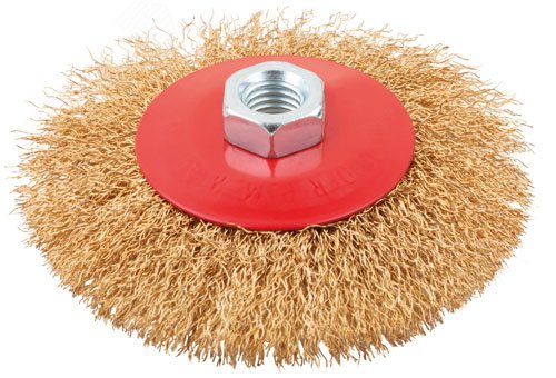 Корщетка-колесо с наклоном, гайка М14, стальная волнистая латунированная проволока 125 мм