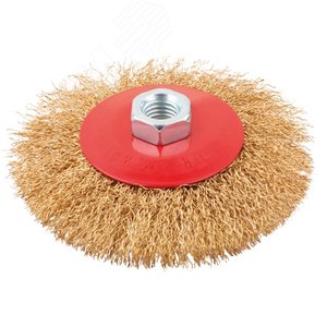 Корщетка-колесо с наклоном, гайка М14, стальная волнистая латунированная проволока 100 мм