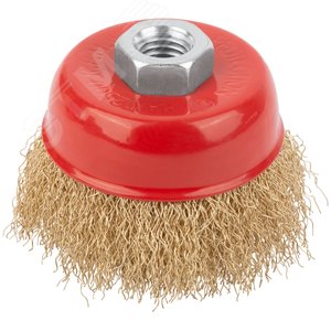 Кордщетка чашечная, гайка М14, стальная латунированная волнистая проволока 75 мм