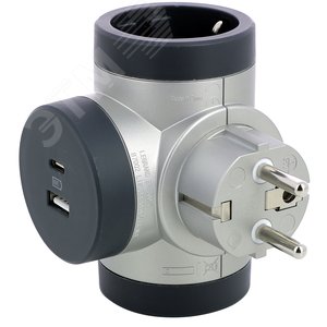 Тройник с поворотным основанием и 2xUSB A+C (3А) зарядками серии  Комфорт  2 х 2К+З, цвет: алюминиево-черный