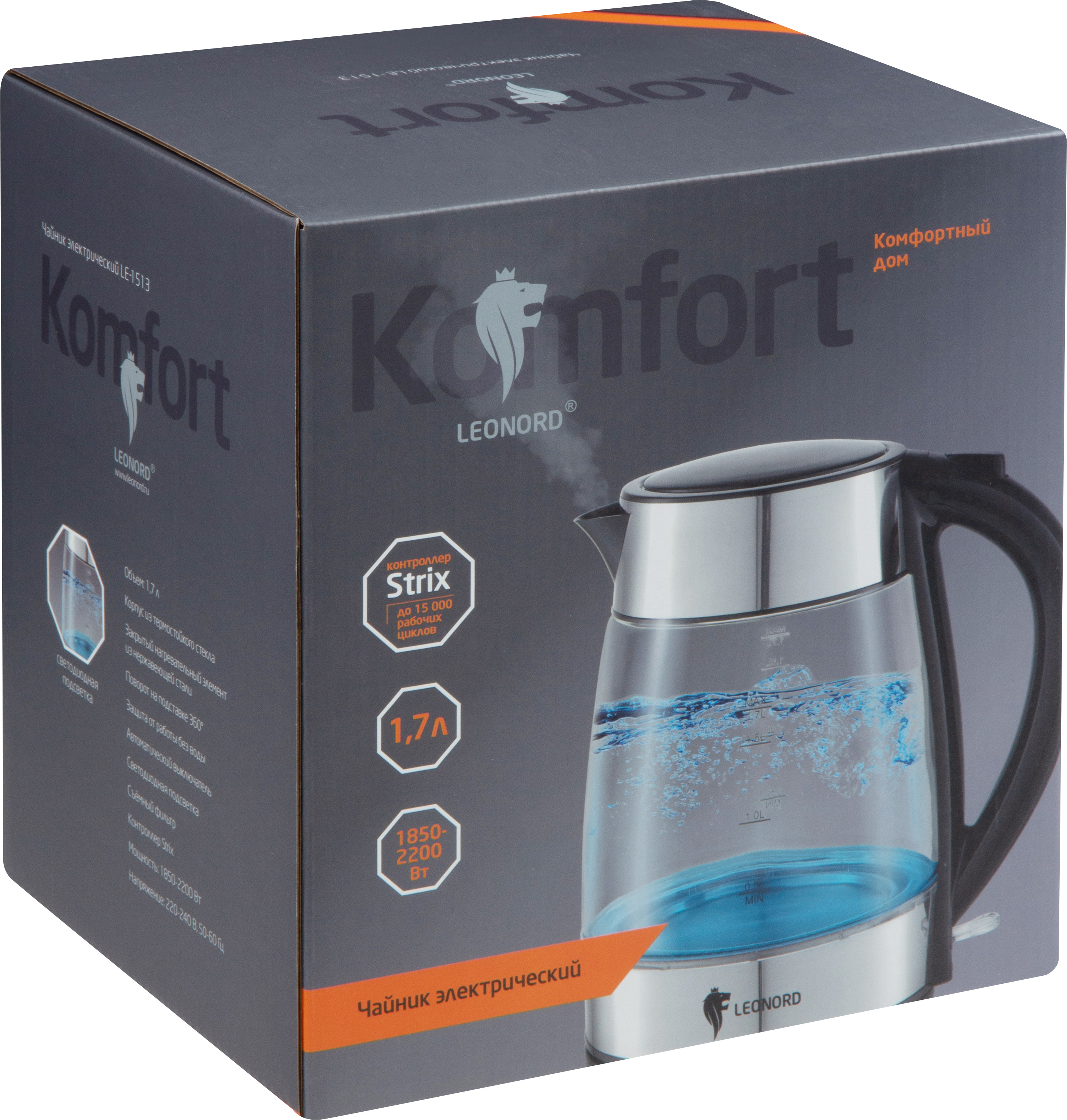 Чайник электрический LE-1513 на 1,7 л, материал стекло, пластик