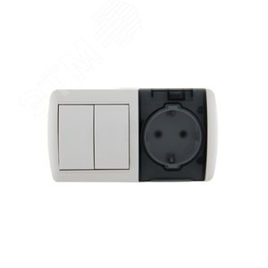 HATA Выключатель двухклавишный с розеткой с       заземлением и крышкой белый, горизонтальный