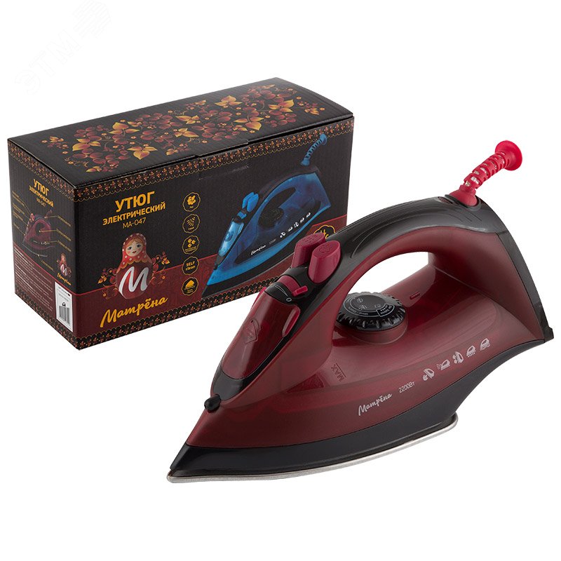 Утюг MA-047 на 2200 Вт, подошва - стальная, цвет вишневый