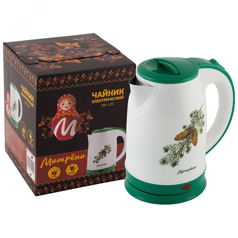 Чайник электрический стальной MA-120 на 1.8 л, цвет белый и рисунок ''Ель с шишками''
