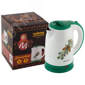 Чайник электрический стальной MA-120 на 1.8 л, цвет белый и рисунок ''Ель с шишками''