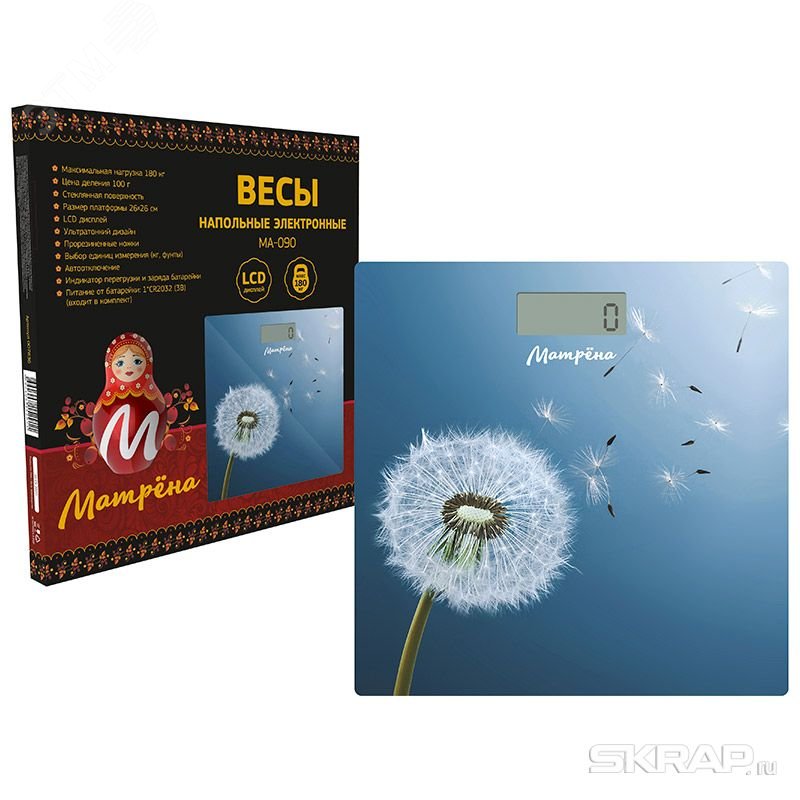 Весы напольные электронные МА-090, рисунок ''Одуванчик'', стеклянная поверхность, до 180 кг